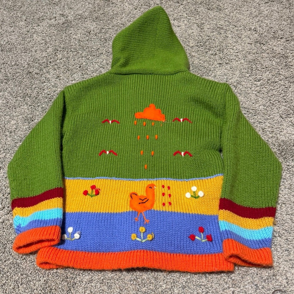 Vintage Kids Peruvian Knit Hoodie Sweater Farm Scene Llama Chicken Colorful Zip - Picture 5 of 5